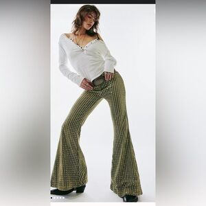 NWT Free People Olive green and Silver Sequin Velvet bell bottoms